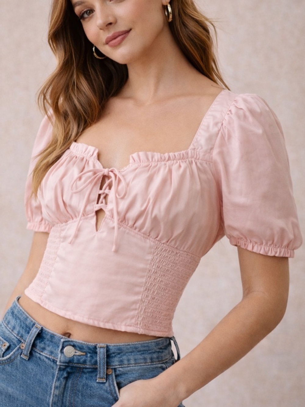 NWT ASTR The Label Puff Sleeve Smocked Back Crop Top — Size M